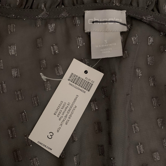 Chico's Top NWT Women's Sz 3 (XL) Embellished Cool Gray Metallic Pullover Sheer - Picture 5 of 8